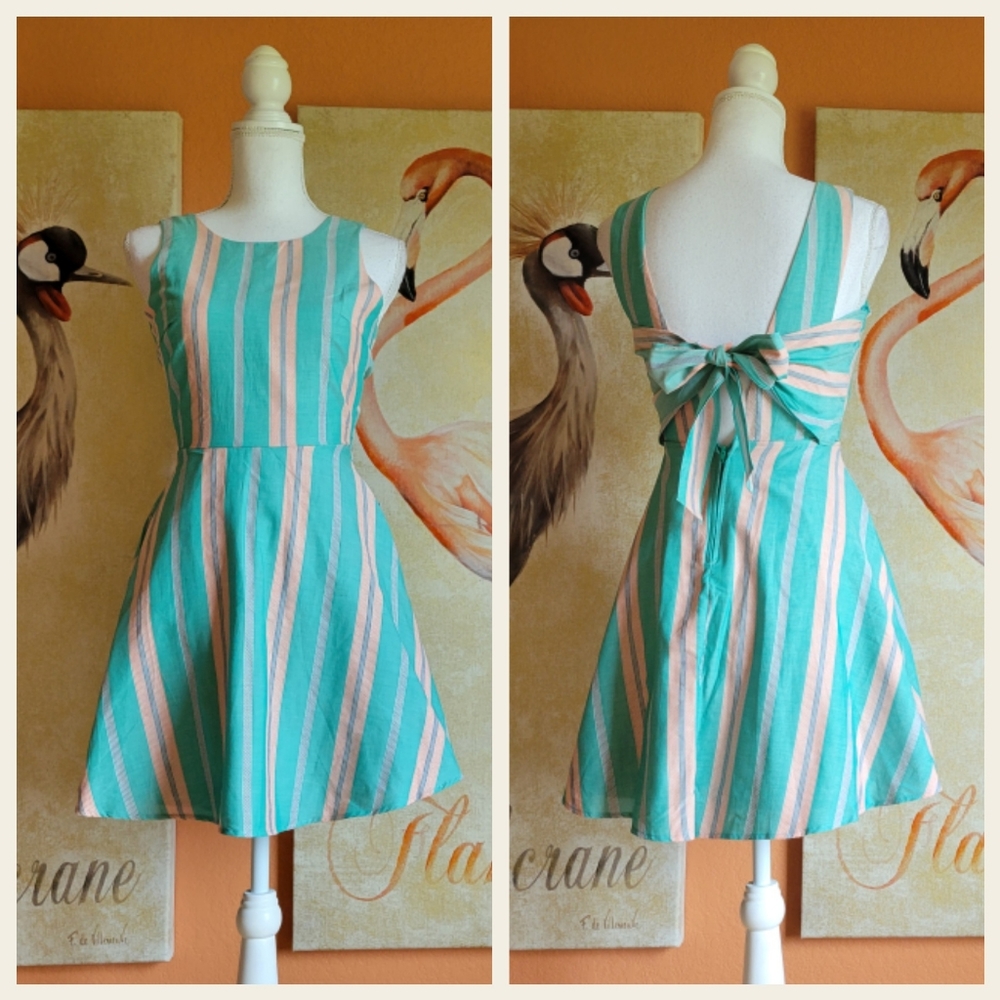 3/$25 NWT Jodi Kristopher Retro Striped Dress Bow Back 1 Green Sleeveless Summer